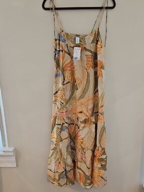 H&M Tropical Print Spaghetti Strap Dress in Beige and Olive, Size XS